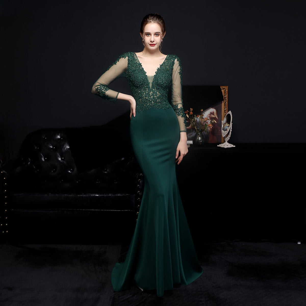 Lace V-Neck Long Sleeve Beaded Mermaid Maxi Gown - View 8