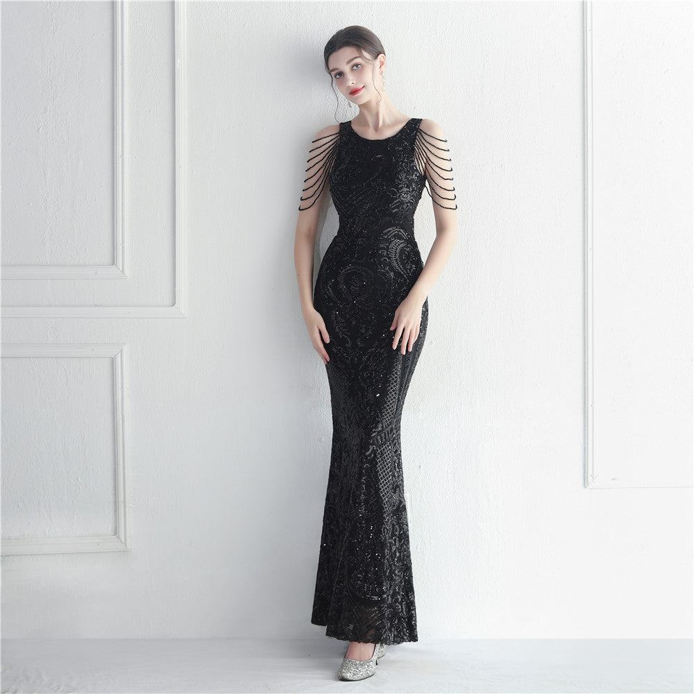 Sequin Beaded Round Neck Fringe Mermaid Maxi Gown - View 7