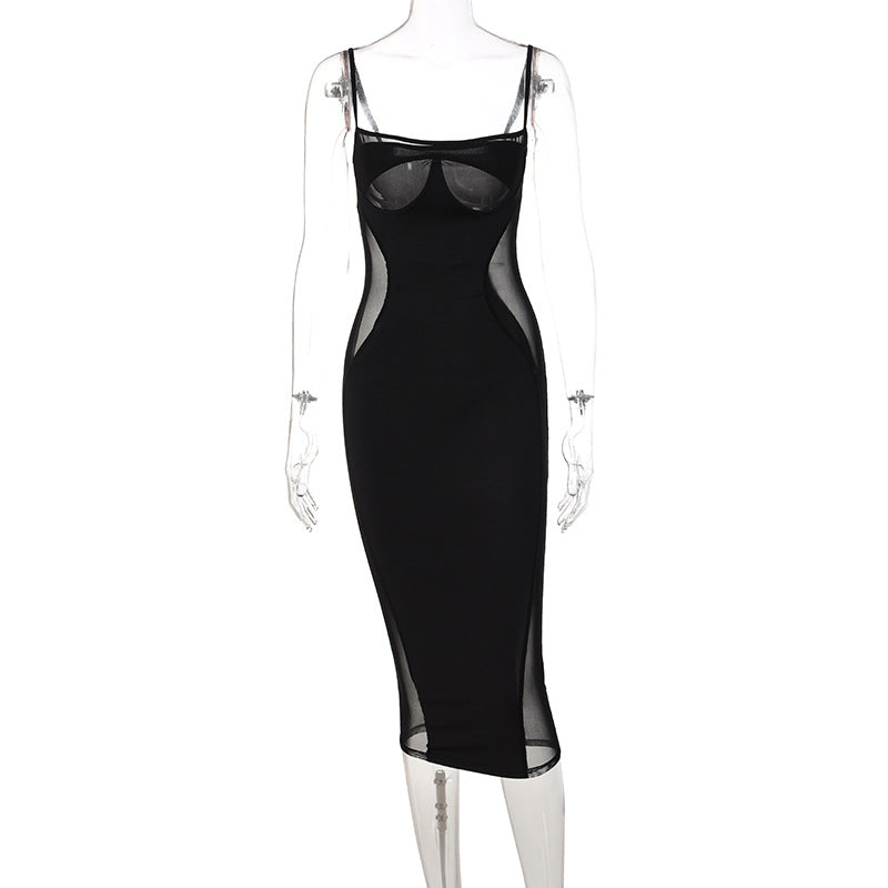 Spaghetti Strap Mesh Panel Cut Out Ruched Bodycon Midi Dress - View 6