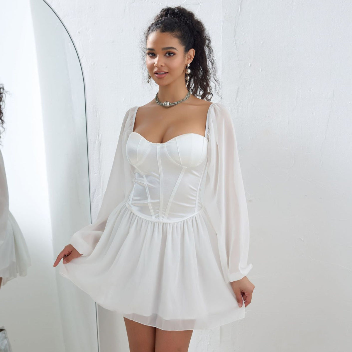 Corset Sweetheart Neck Sheer Balloon Sleeve Mesh Mini Dress - View 3