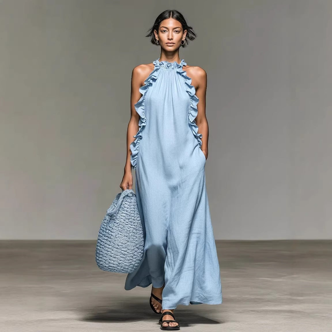 Halter Neck Ruffle Trim Sleeveless Maxi Dress 8