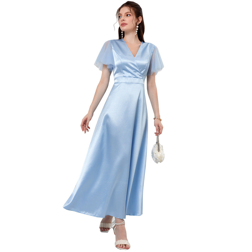 Satin Wrap Deep V-Neck Mesh Flutter Sleeve Maxi Dress - View 5