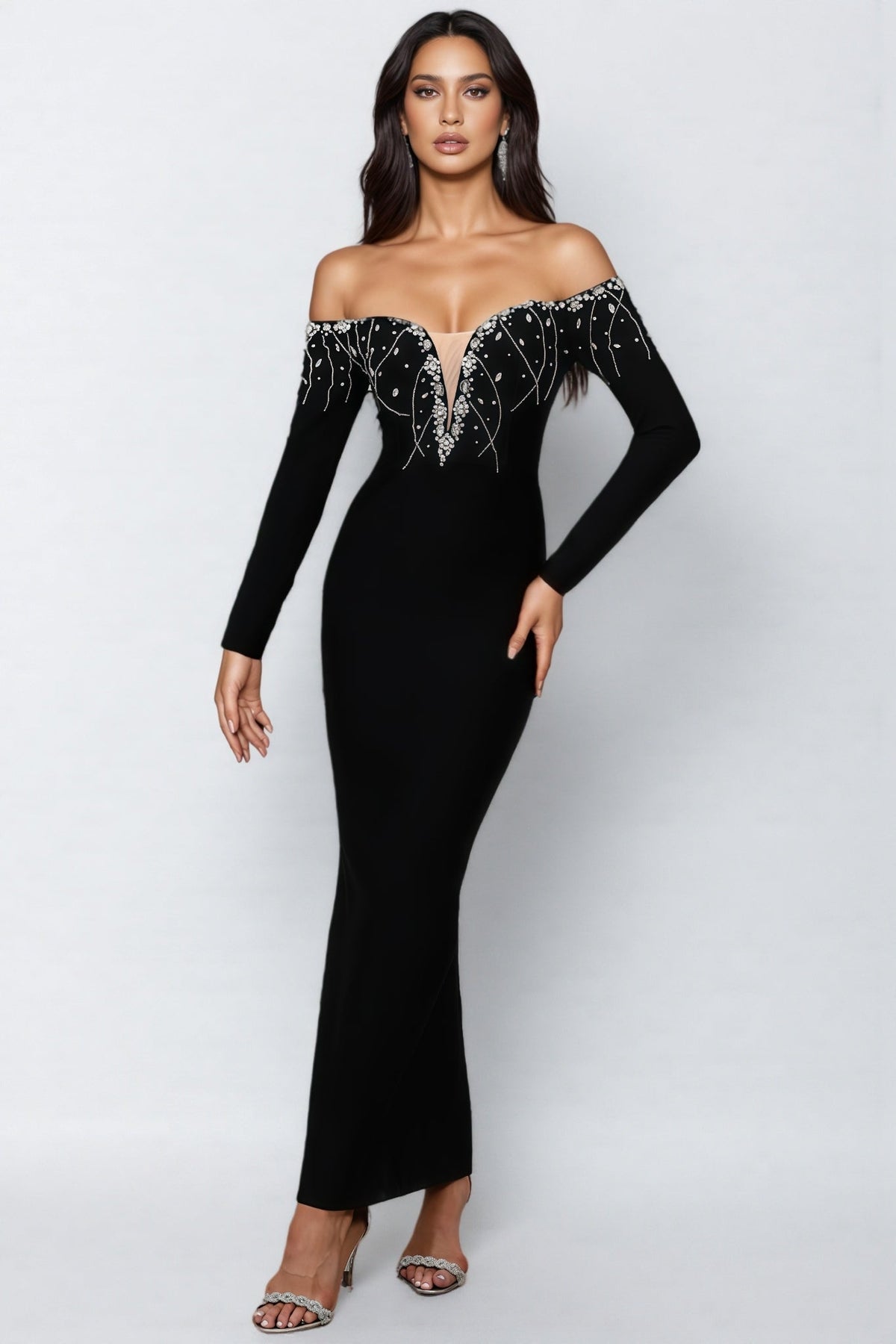 Rhinestone Embroidered Off Shoulder Long Sleeve Maxi Gown