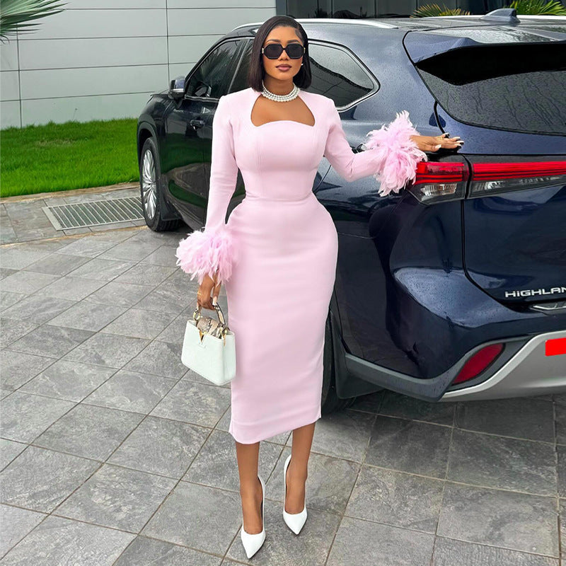 Sweet Fresh Square Collar Long Sleeve Feather Decoration Dress