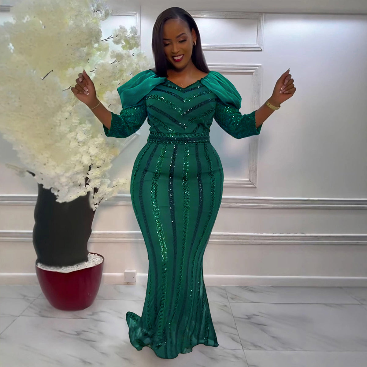 Sequin Chevron V-Neck Ruffle Shoulder Mermaid Floor Length Gown