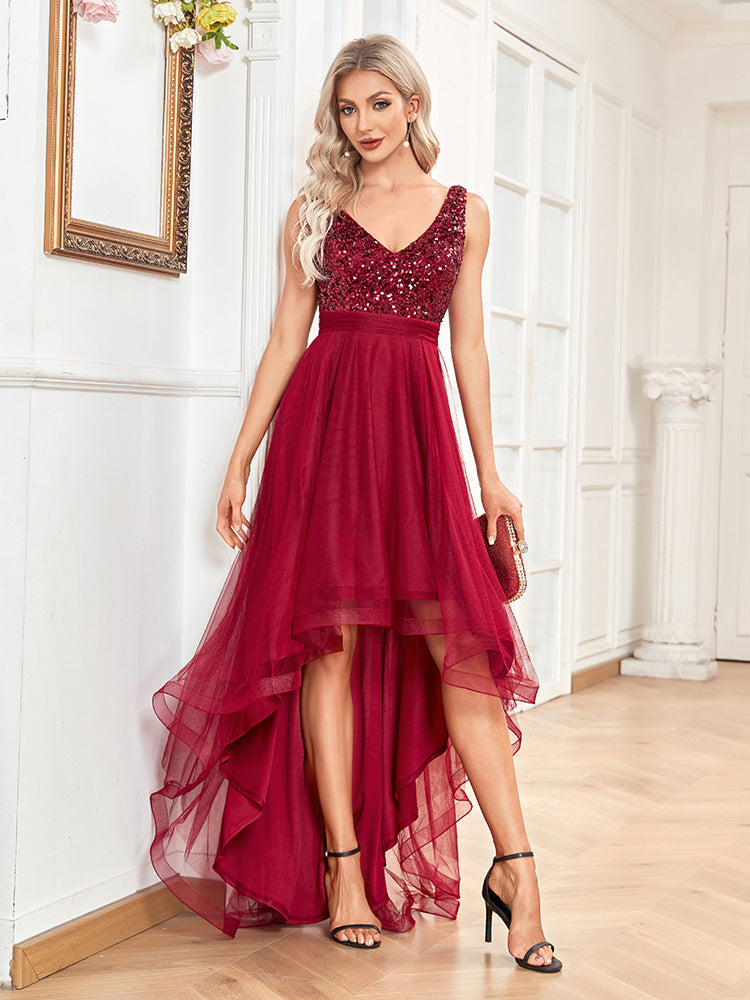 Sequin V-Neck Tulle High Low Midi Dress - View 5