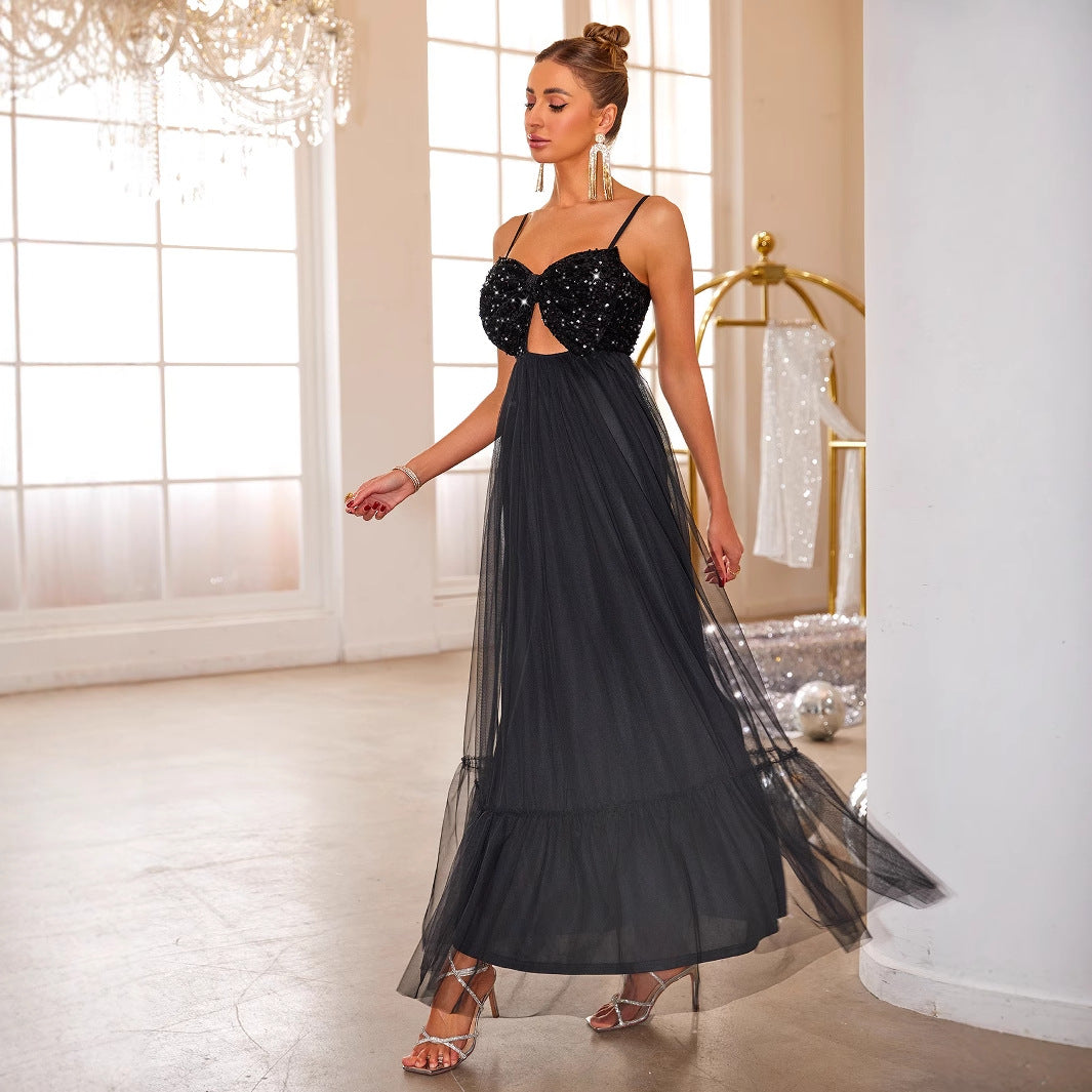 Sequin Bustier Spaghetti Strap Cut Out Tulle Maxi Dress - View 3