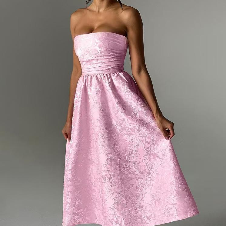 Jacquard Strapless Ruched Waist Fit and Flare Midi Dress - View 5