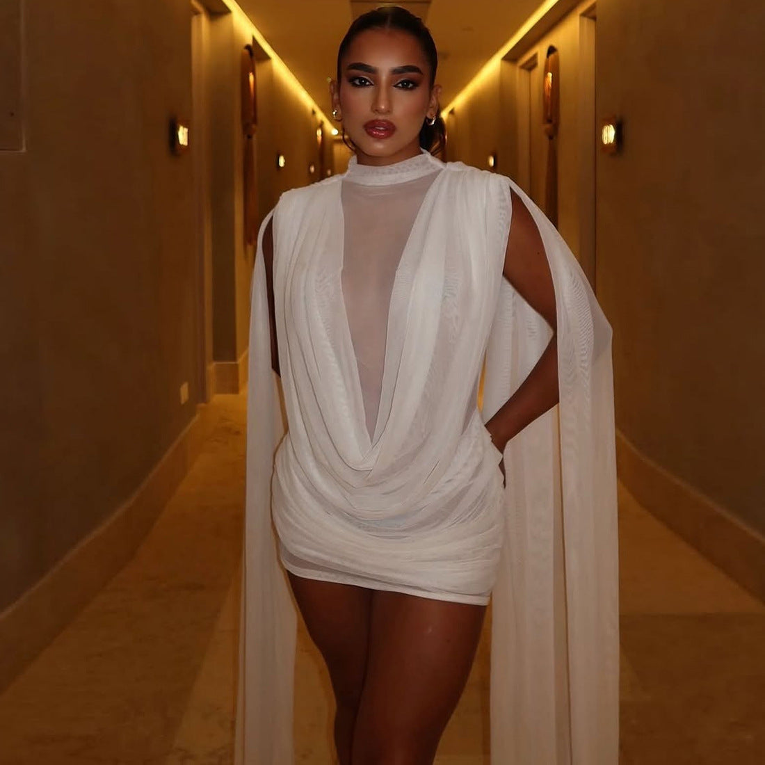 Mesh Mock Neck Draped Cowl Cape Panel Ruched Bodycon Mini Dress