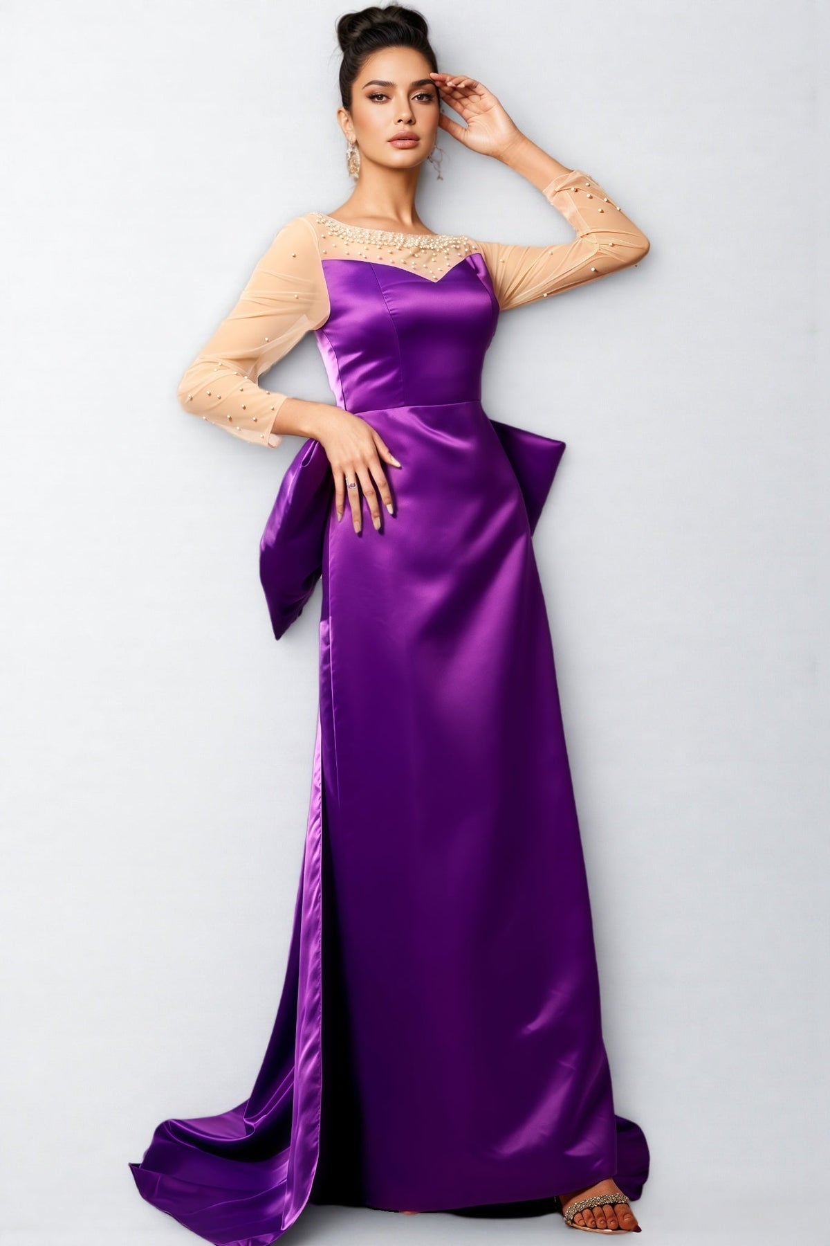 Pearl Embellished Sheer Mesh Yoke Long Sleeve Maxi Gown - View 3