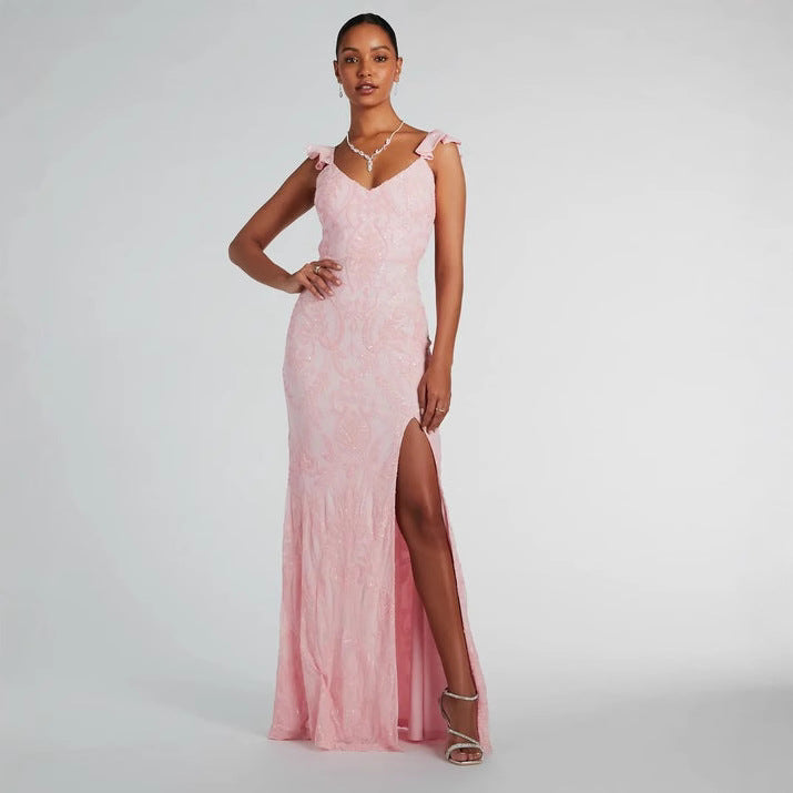 Sequin V-Neck Flutter Strap High Split Bodycon Maxi Gown