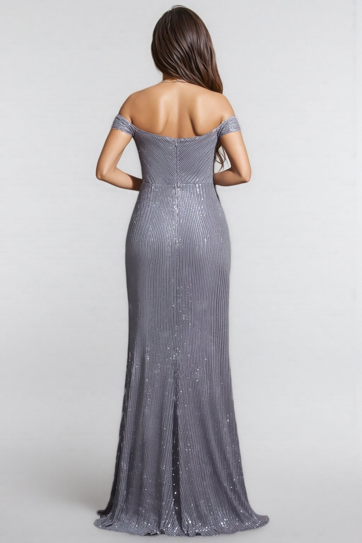 Sequin Off Shoulder Sweetheart Vertical Stripe Mermaid Maxi Gown - View 6