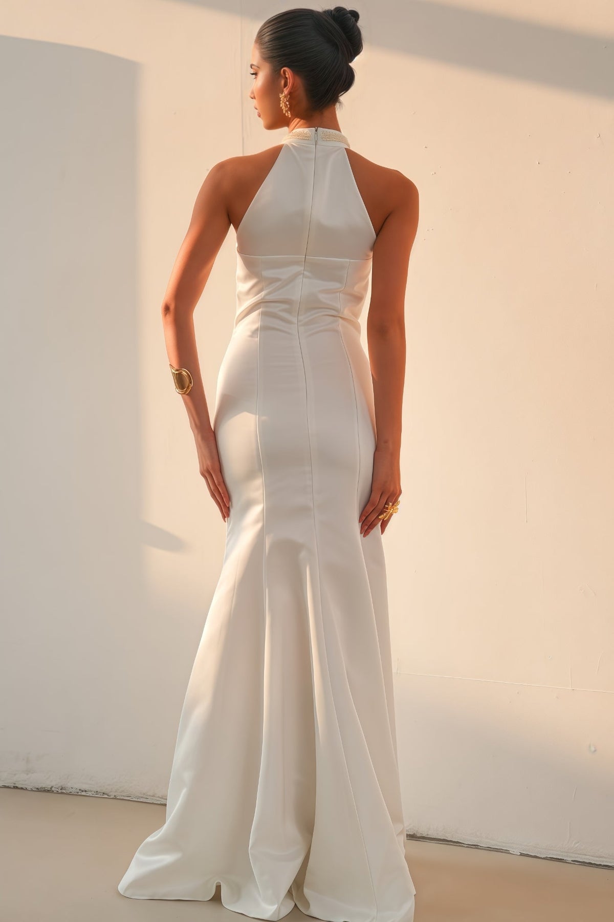 Pearl Beaded Halter Keyhole Cascade Fringe Mermaid Gown - View 3