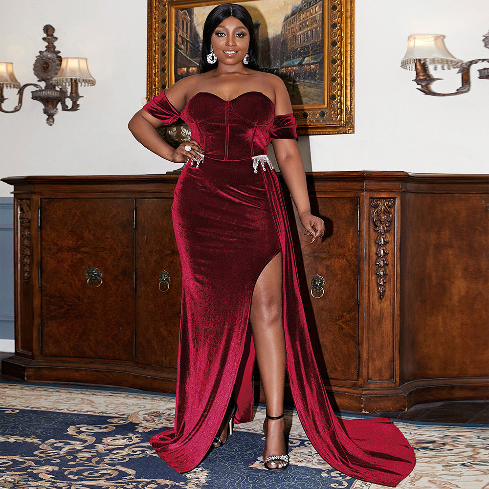 Velvet Off Shoulder Sweetheart Corset High Split Mermaid Maxi Dress - View 5