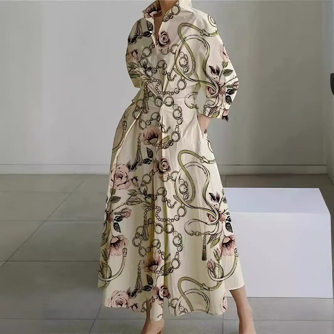 Newspaper Print Collared Long Sleeve Belted Pleated Maxi Shirt Dress 14