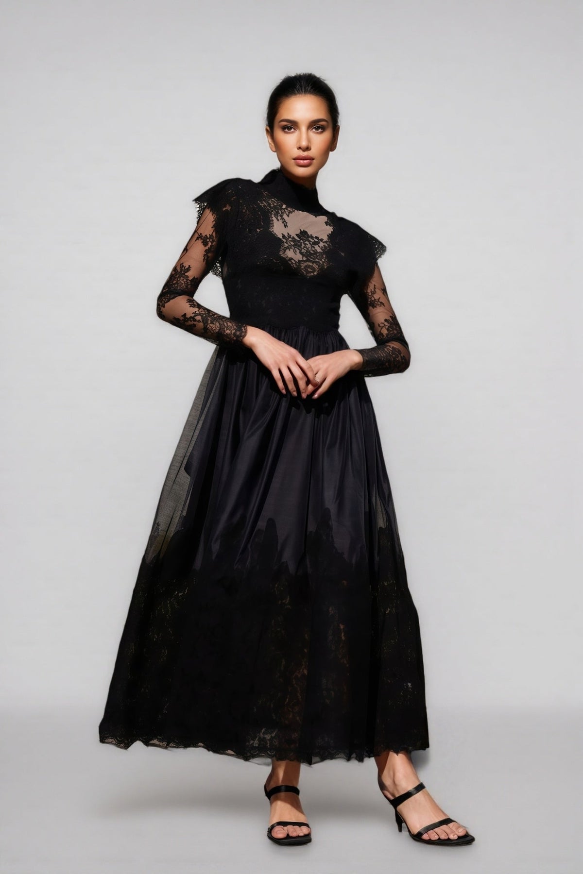 Milda Black Floral Lace Stitching Maxi Dress