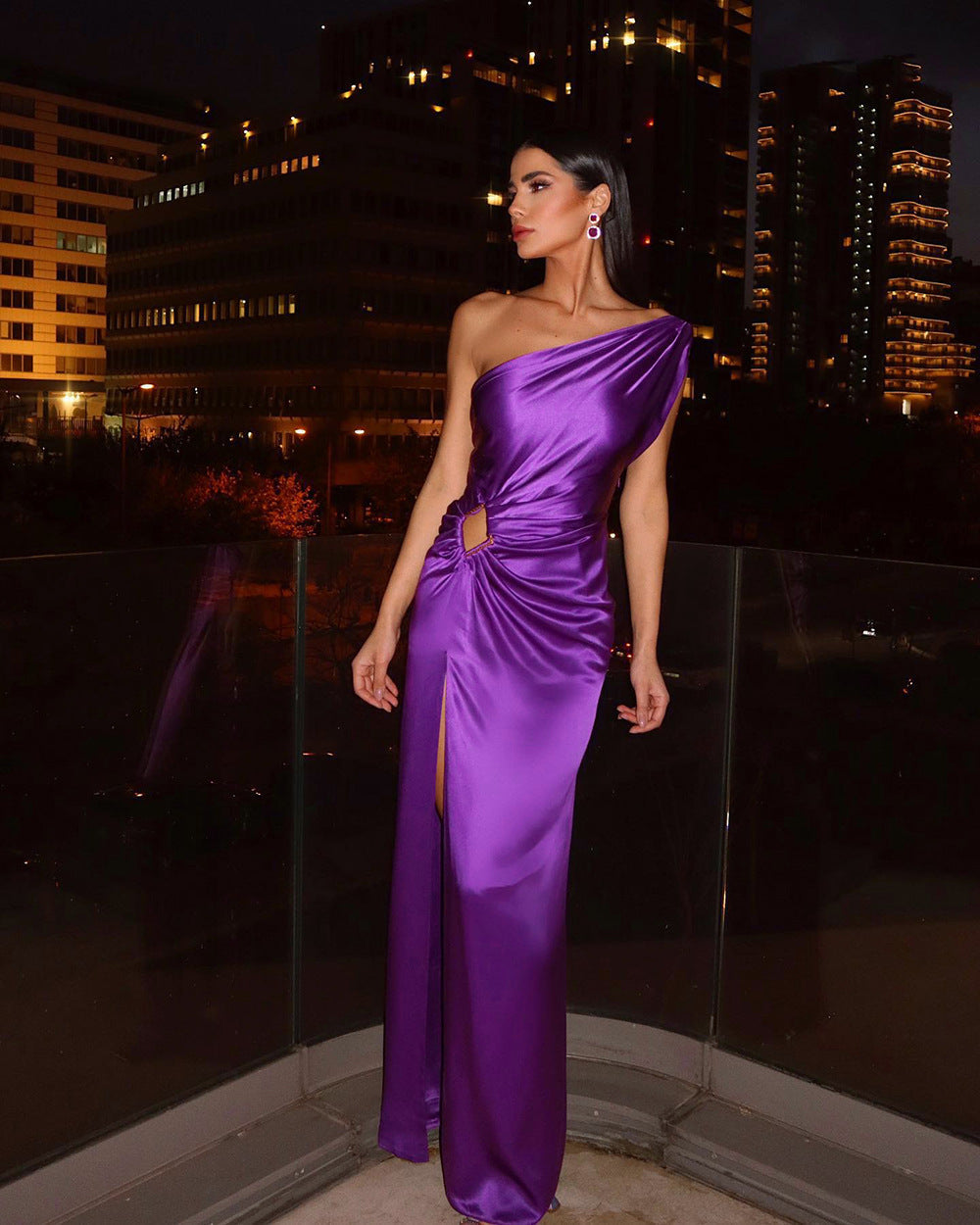 Satin One Shoulder Cut Out Ring Waist Ruched High Split Maxi Gown - View 5