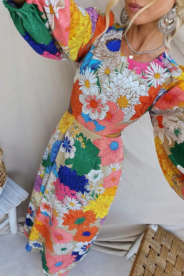 Floral Print Puff Sleeve Cut Out Waist Summer Maxi Dress - View 5