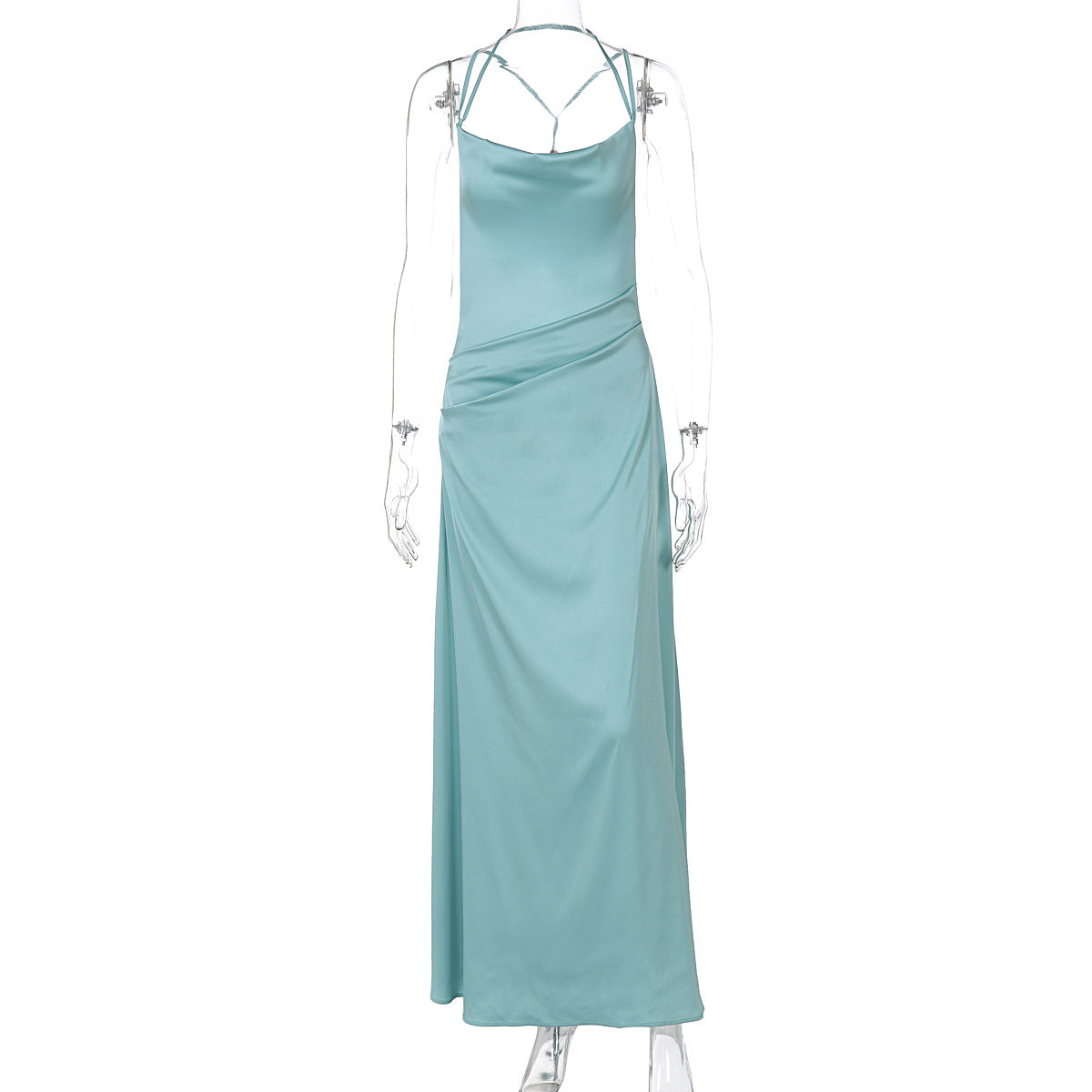 Satin Backless Halter Cross Strap Slip Maxi Gown - View 6