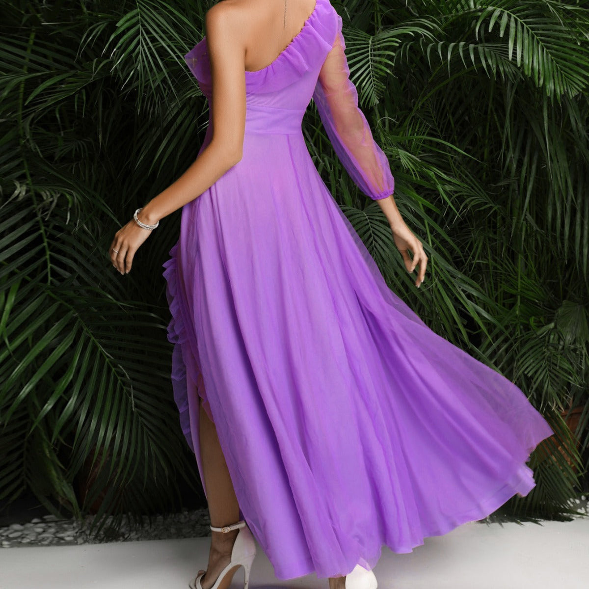 Maxi Large Slant Shoulder High Slit Cocktail Senior Evening Dress - View 4