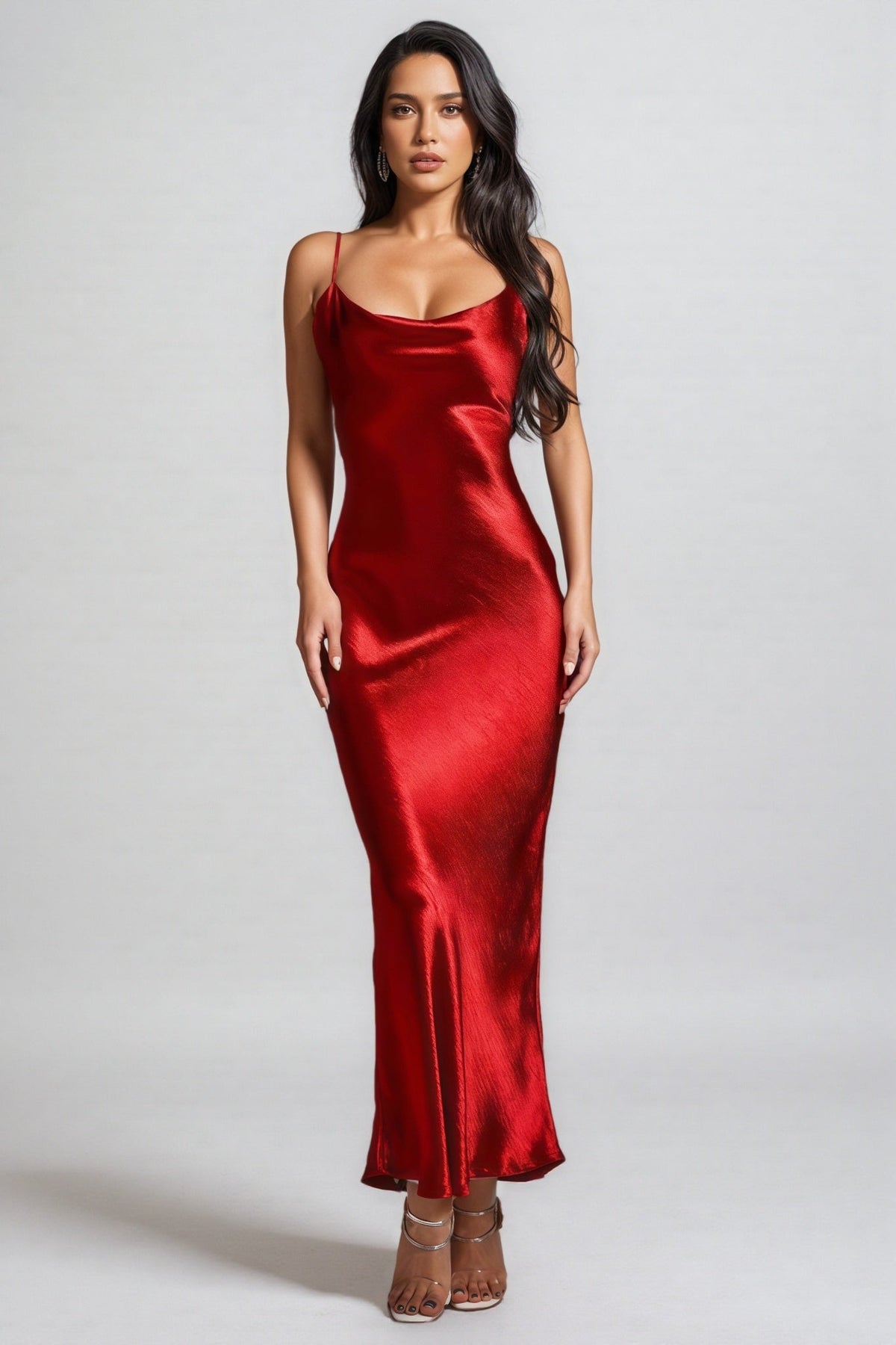 Satin Cowl Neck Spaghetti Strap Fitted Slip Column Maxi Gown