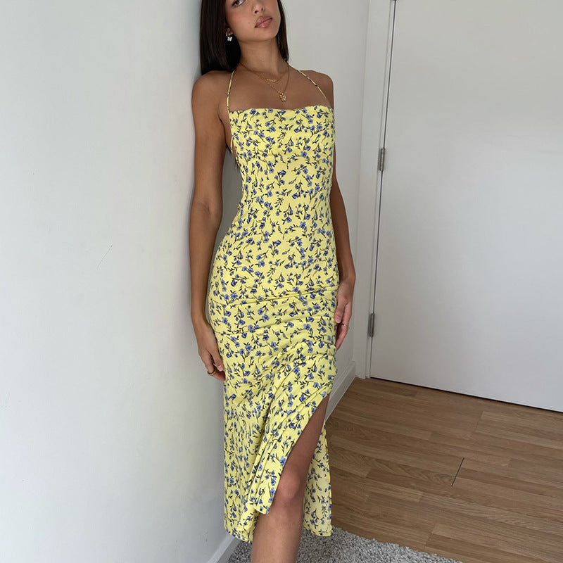 Halter Neck Floral High Split Backless Slip Maxi Dress - View 6