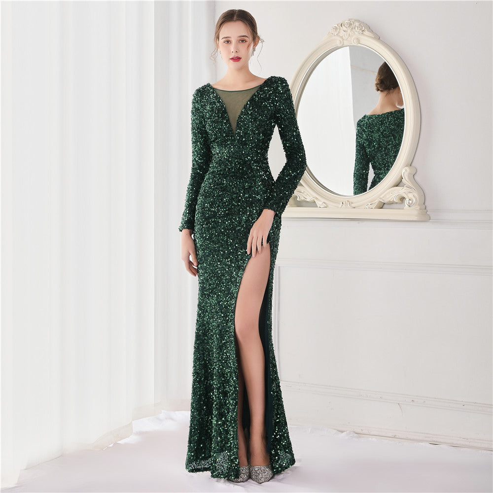 Sequin Long Sleeve V-Neck Ruched High Split Mermaid Gown - View 3