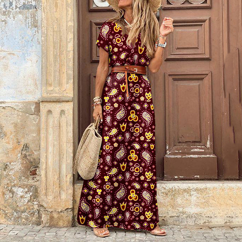 V-Neck Short Sleeve Belted High Split Tiered Boho Maxi Dress - View 4