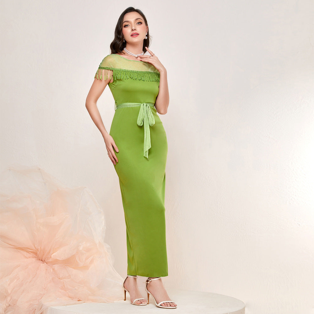 Mesh Yoke Fringe Trim Sash Tie Waist Column Maxi Gown - View 6