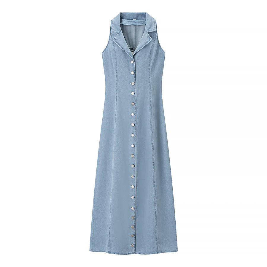 Deep V-Neck Sleeveless Button Down High Split Denim Maxi Dress 6