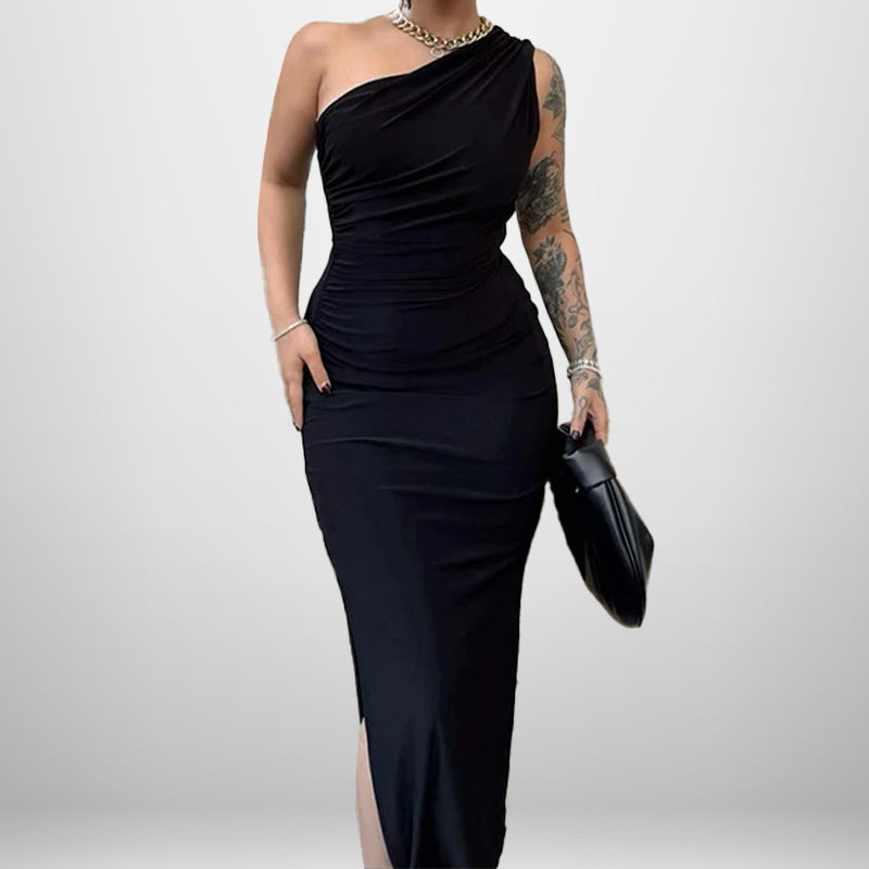 One Shoulder Sleeveless Ruched High Split Bodycon Maxi Dress - View 7