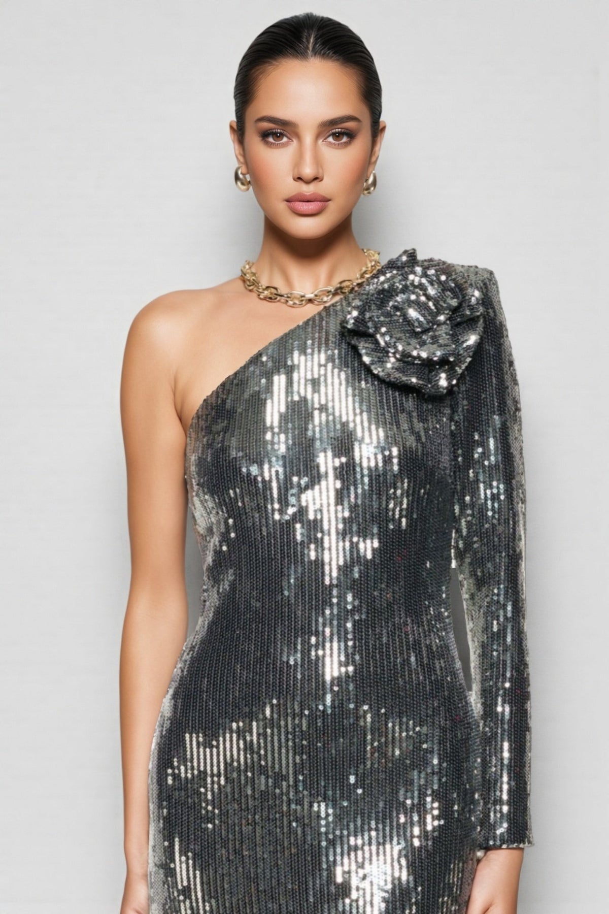 Sequin One Shoulder Long Sleeve 3D Flower Maxi Gown - View 2