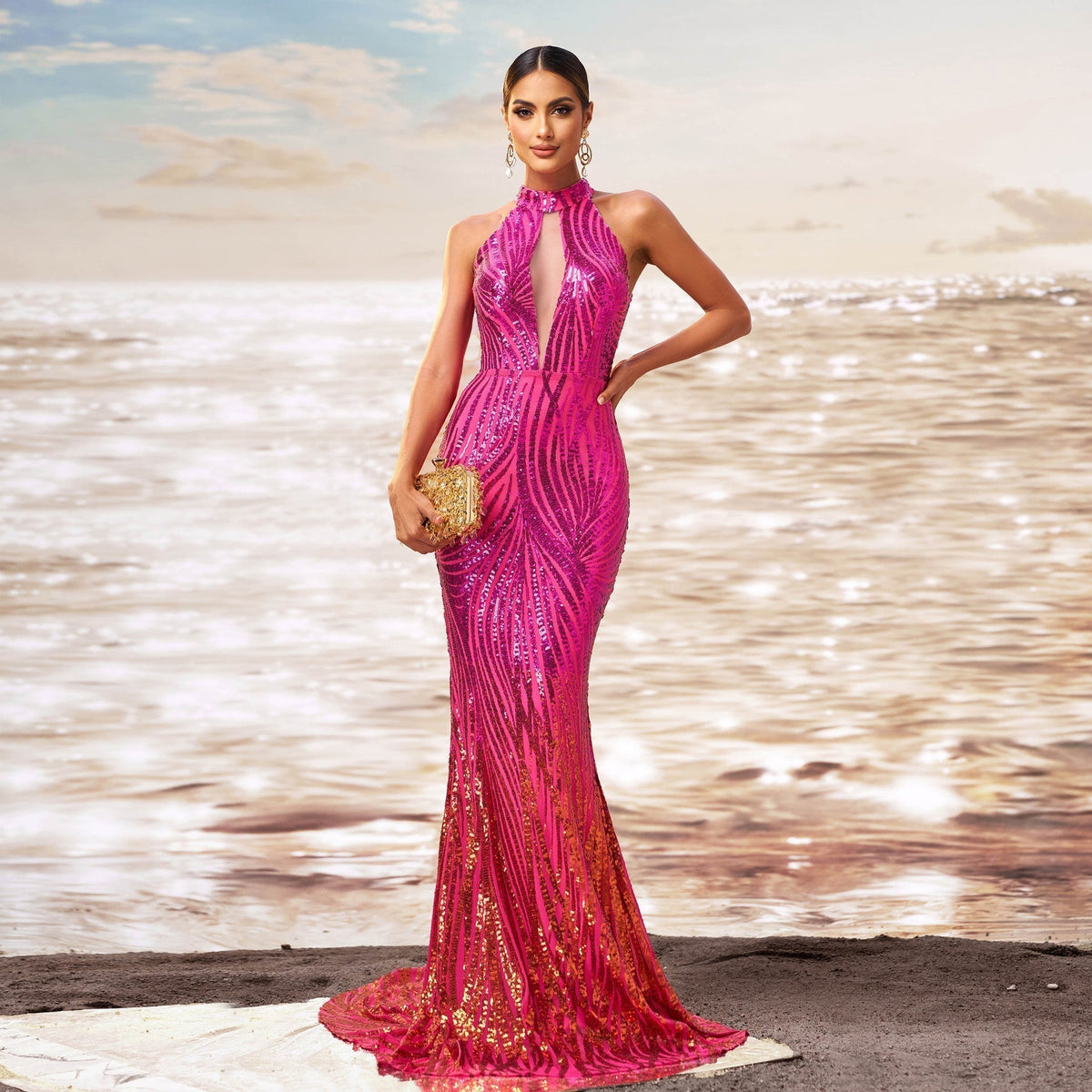 Sequin Halter Neck Keyhole Mermaid Fishtail Evening Gown - View 2