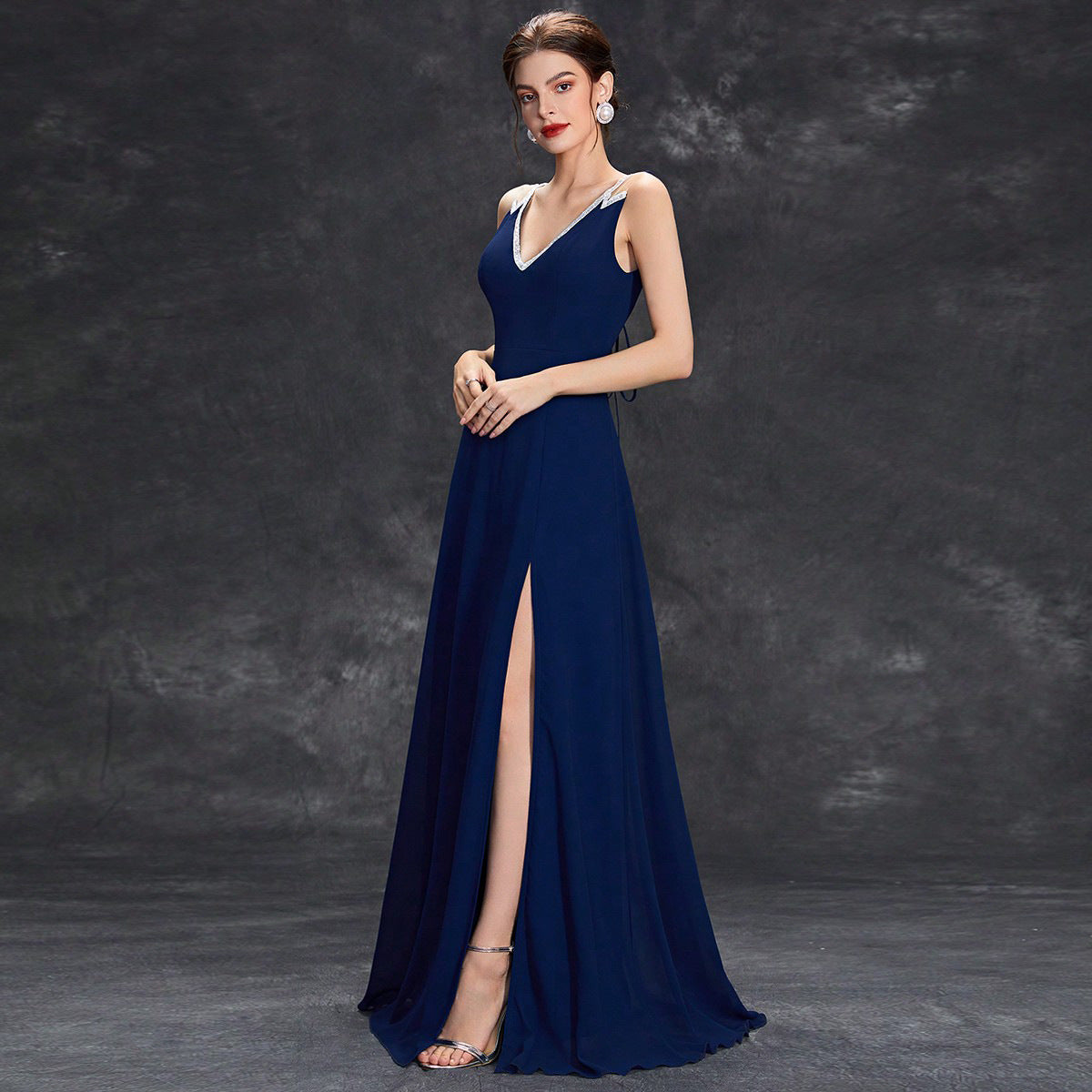 Chiffon Deep V-Neck Sleeveless Beaded A-Line Maxi Prom Dress - View 2