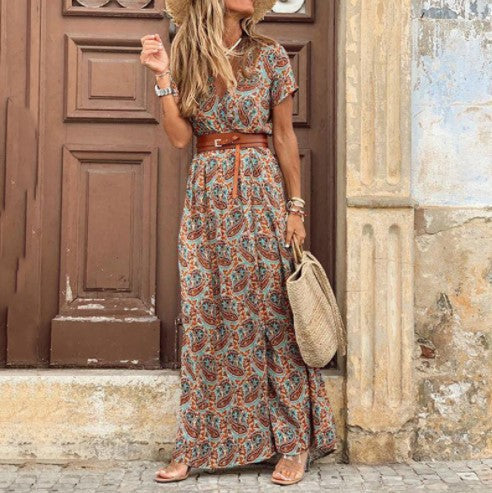 V-Neck Short Sleeve Belted High Split Tiered Boho Maxi Dress - View 6
