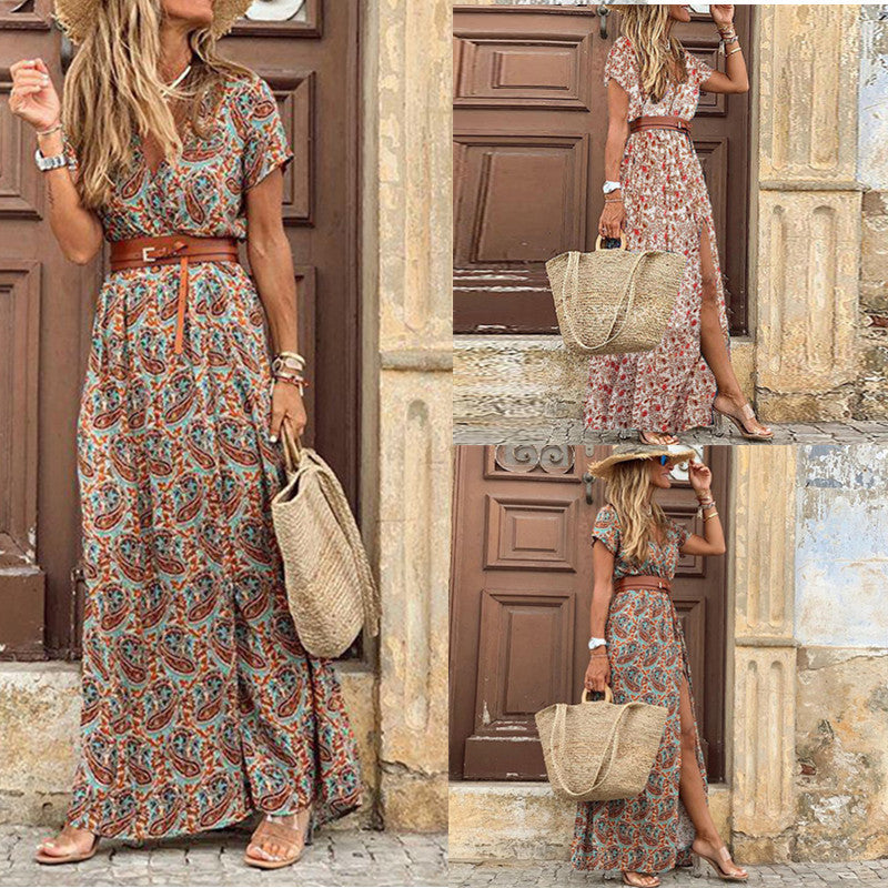 V-Neck Short Sleeve Belted High Split Tiered Boho Maxi Dress
