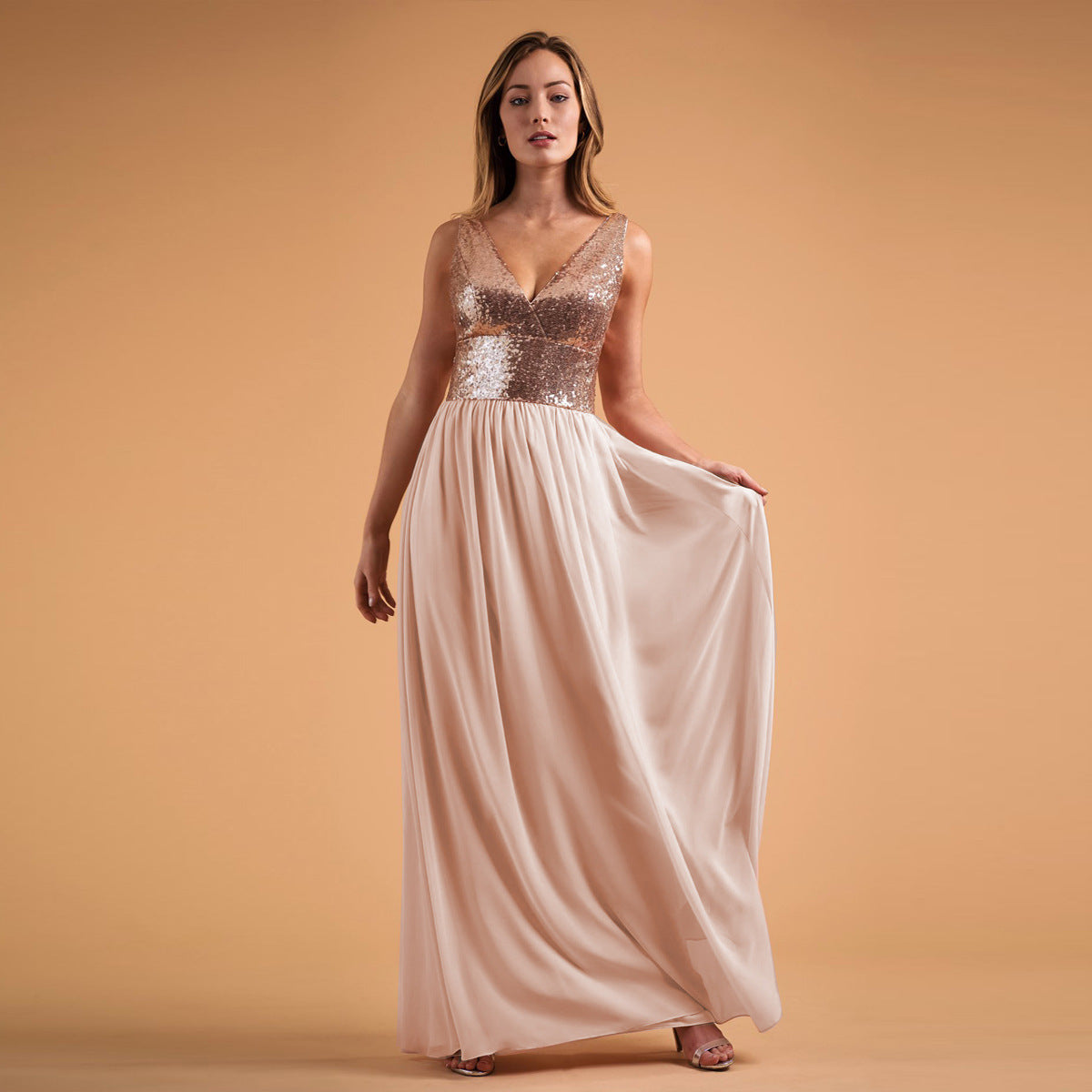 Sequin V-Neck Sleeveless Chiffon A-Line Bridesmaid Gown