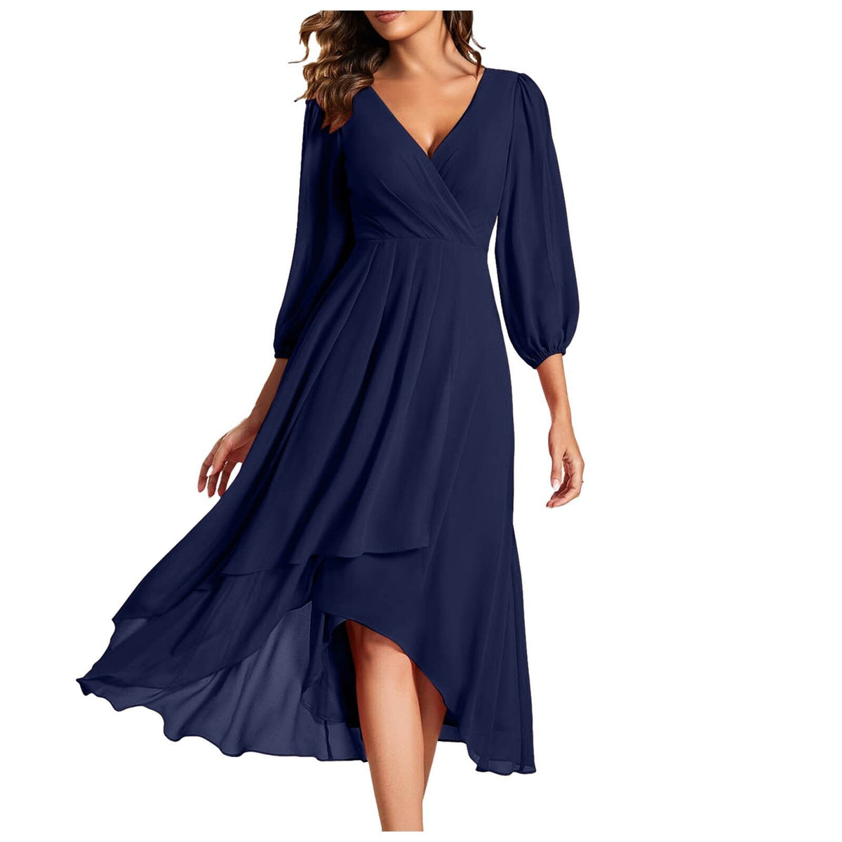 Chiffon Wrap V-Neck Puff Sleeve High Low Midi Dress 4
