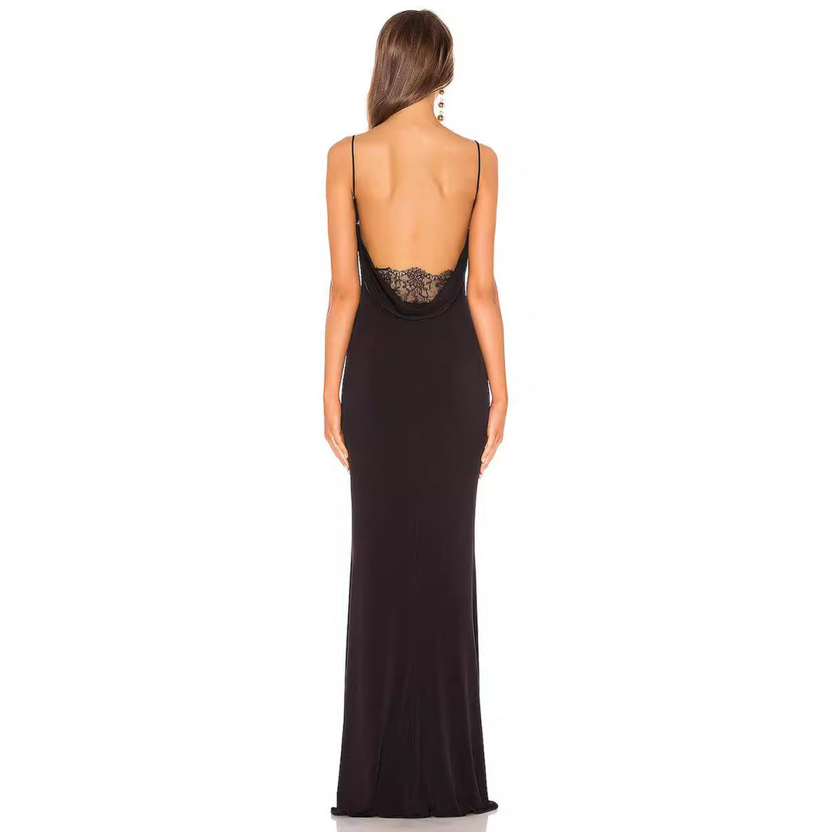 Spaghetti Strap Backless Lace Panel Cowl Back Column Maxi Gown - View 3