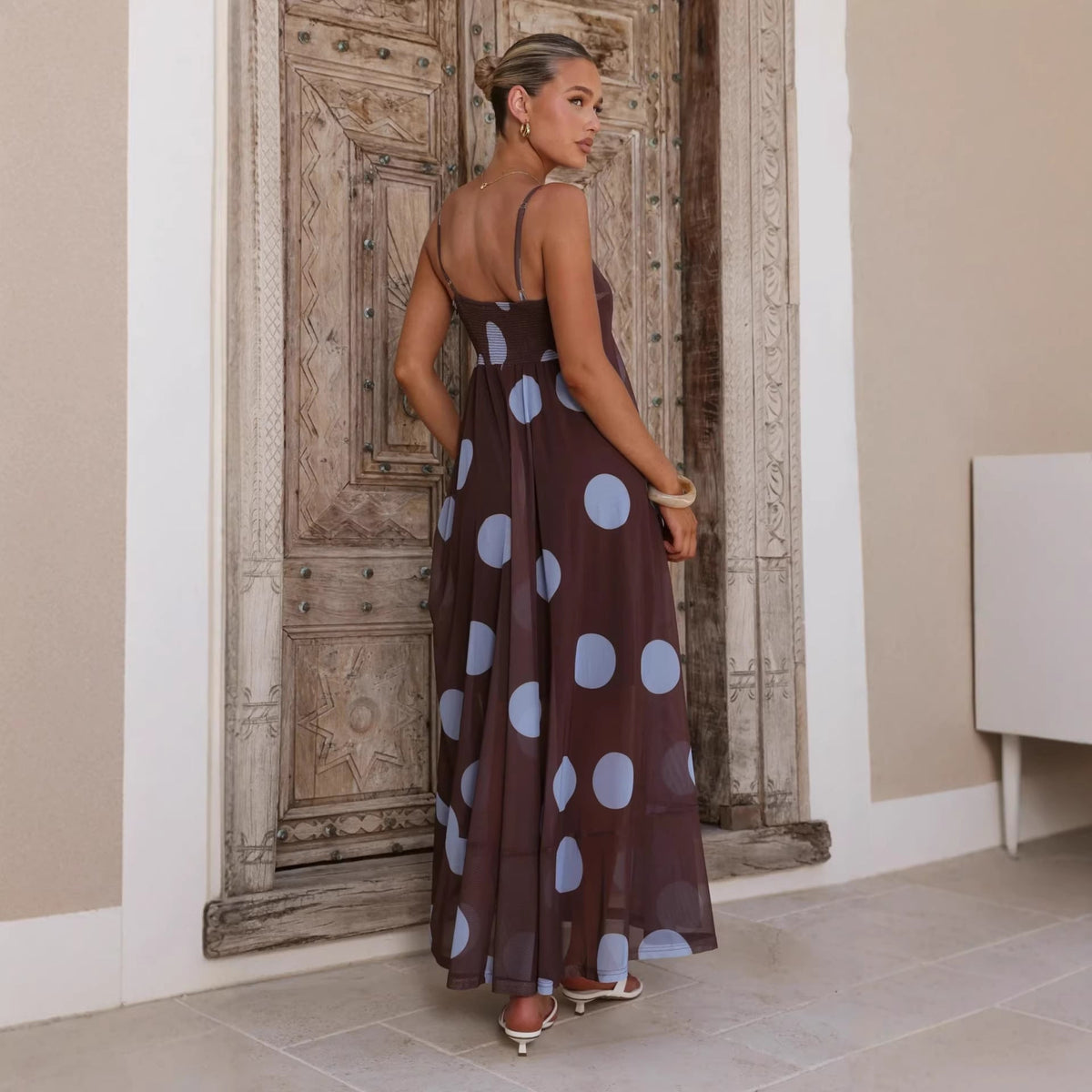 Mesh Spaghetti Strap Square Neck Flowy Tiered Maxi Dress - View 3