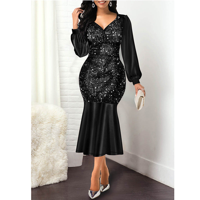 Sequin Deep V-Neck Bishop Sleeve Mermaid Trumpet Hem Midi Dress - View 5
