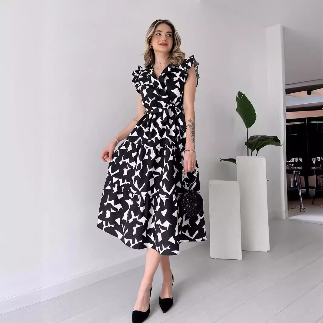 V neck Waist Trimming Lace up Black White Printed Midi Dress
