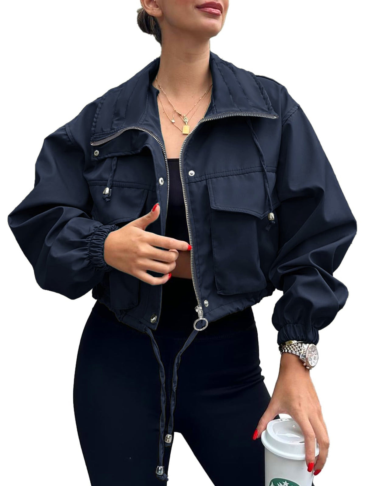 Zip Front Drawstring Hem Cargo Pocket Cropped Jacket 6