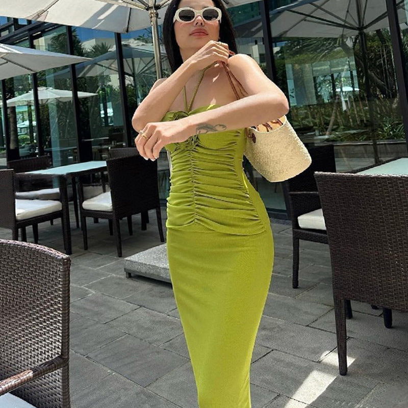 Halter Neck Floral Applique Ruched Side Slit Bodycon Maxi Dress - View 3