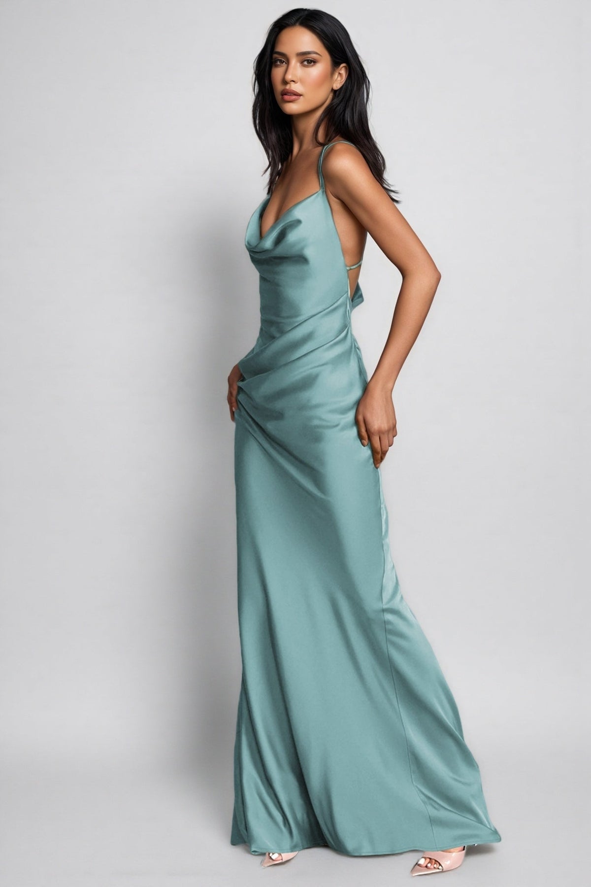 Satin Cowl Neck Spaghetti Strap Ruched Waist Bias Cut Slip Maxi Dress - View 2