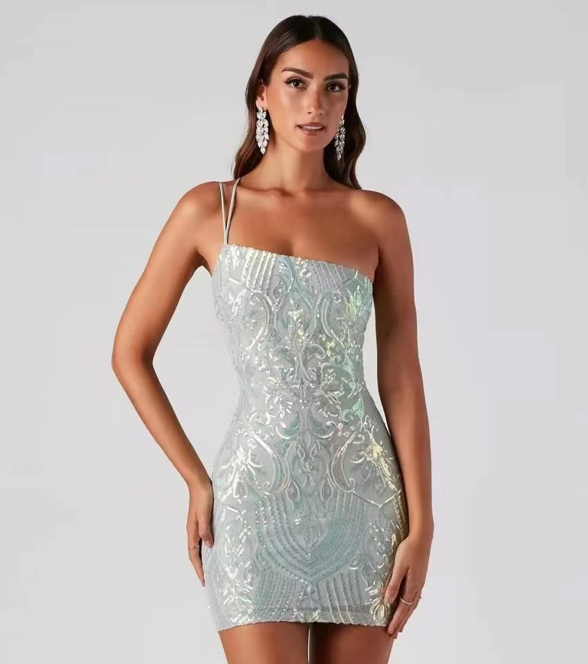 Sequin Scroll One Shoulder Spaghetti Strap Bodycon Mini Dress - View 4