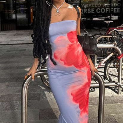 Strapless Floral Print Bodycon High Split Maxi Dress - View 7