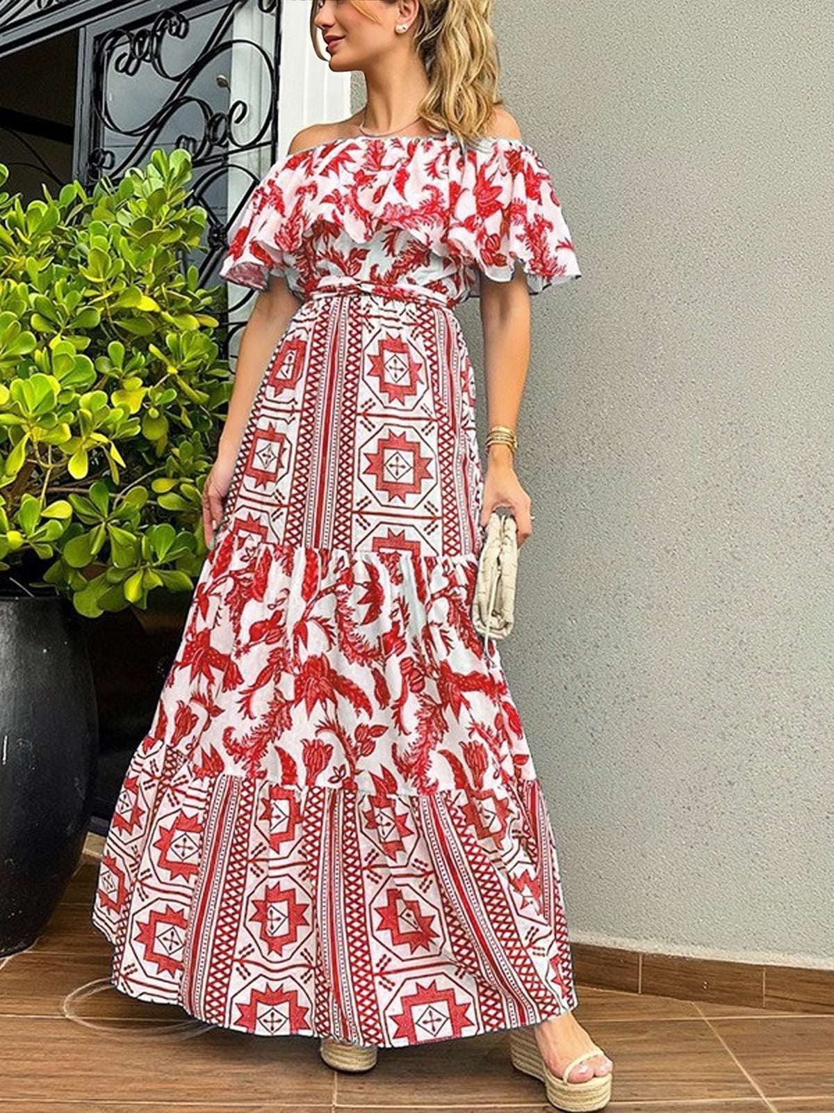 With Design Shoulder Full-Length Gown Geometric Off Ruffle S / Blue Red Off The Shoulder Maxi Dress