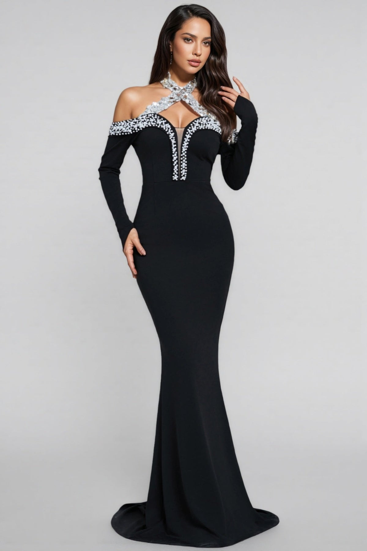 Rhinestone Halter Neck Off Shoulder Mesh Inset Mermaid Gown - View 2