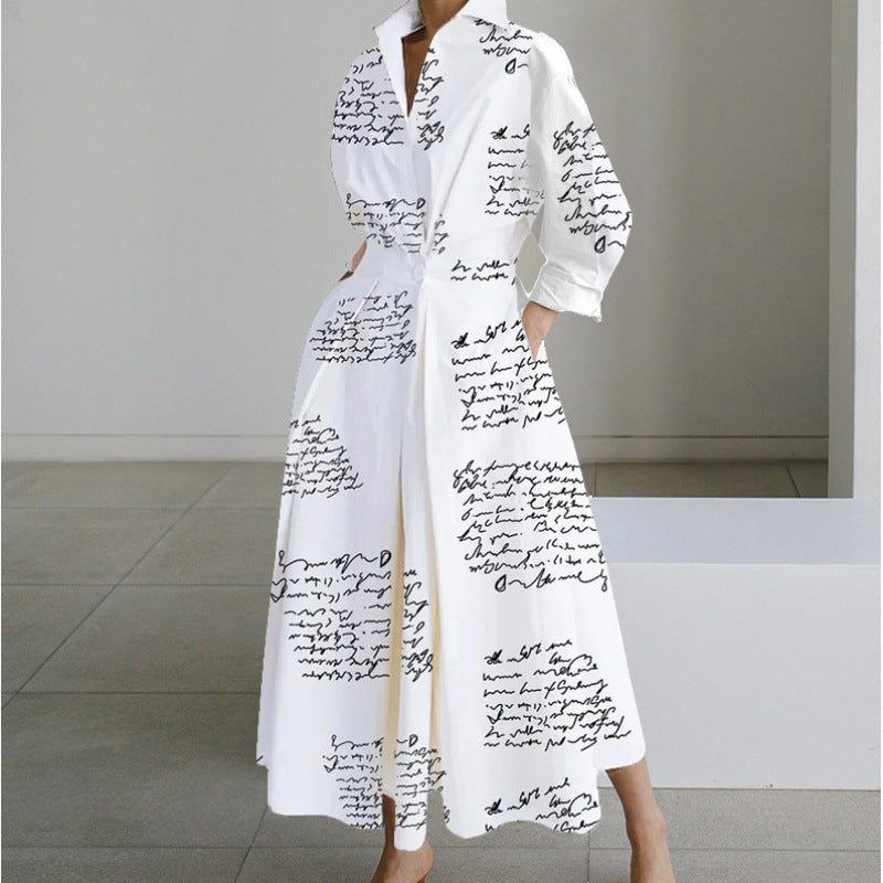 Newspaper Print Collared Long Sleeve Belted Pleated Maxi Shirt Dress 7